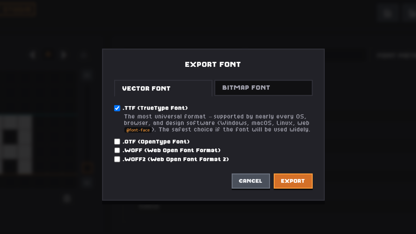 Export modal, Bitmap Font tab with Atlas Scale