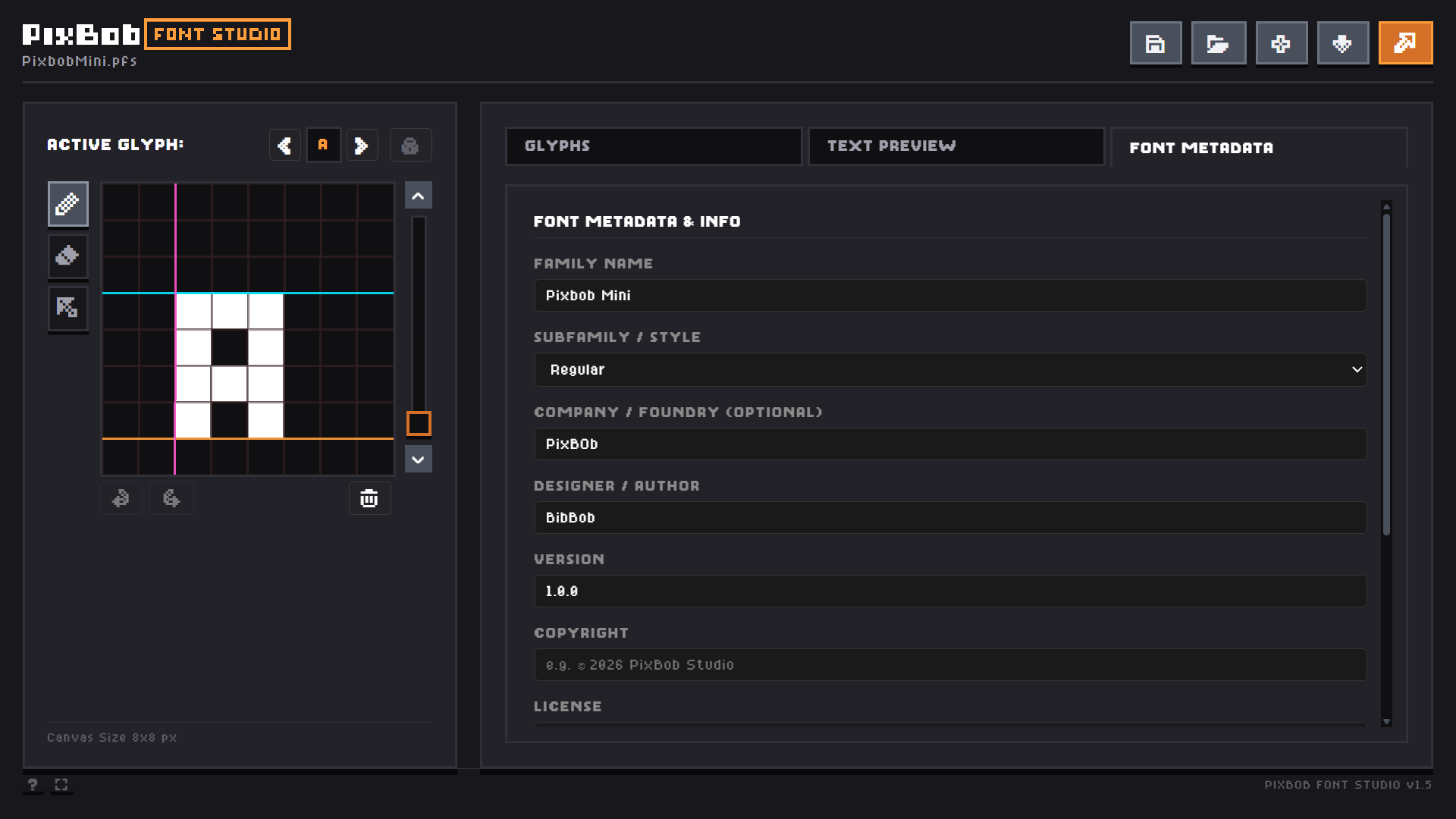 Font Metadata tab filled out