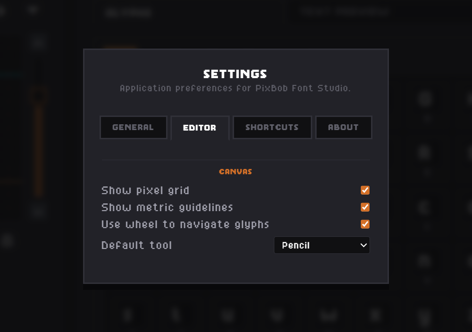 Settings modal with General, Editor, Shortcuts, and About tabs